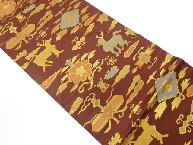 雲に抽象鹿・花葉模様織出し全通袋帯